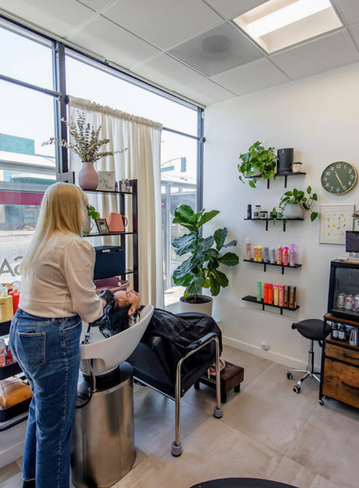 A hair salon with a stylist washing a client's hair in a basin. Shelves and plants are visible