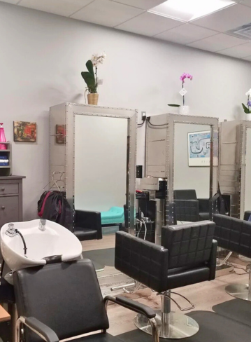 A hair salon interior with mirrors, chairs, and a shampoo station. Plants are on the shelves