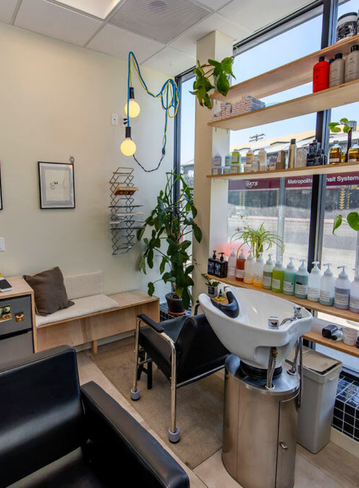 Interior of a salon with a sink, chair, plants, and shelves of hair products