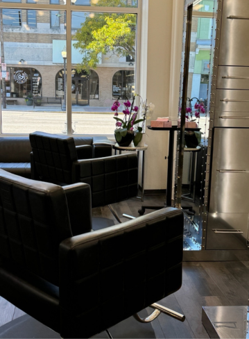 Two black chairs facing a mirror with potted flowers beside them, in a well-lit room